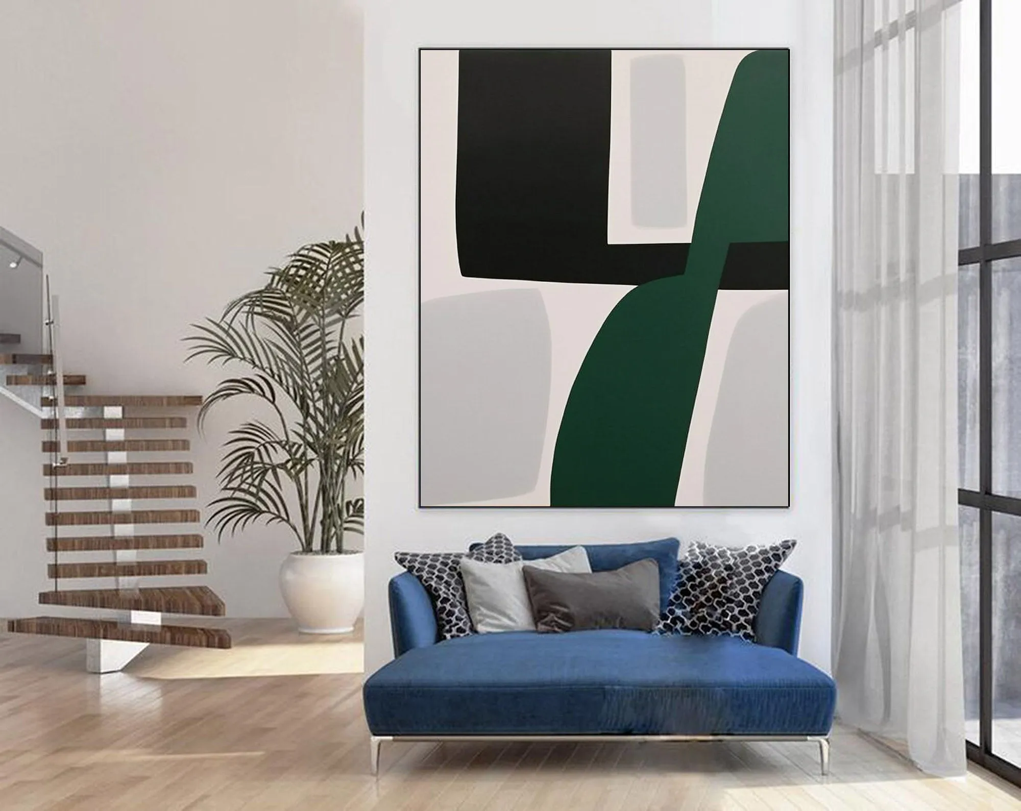 Abstract Black White Green Abstract Painting Home Bedroom Wall Decor Geometric Wall Art