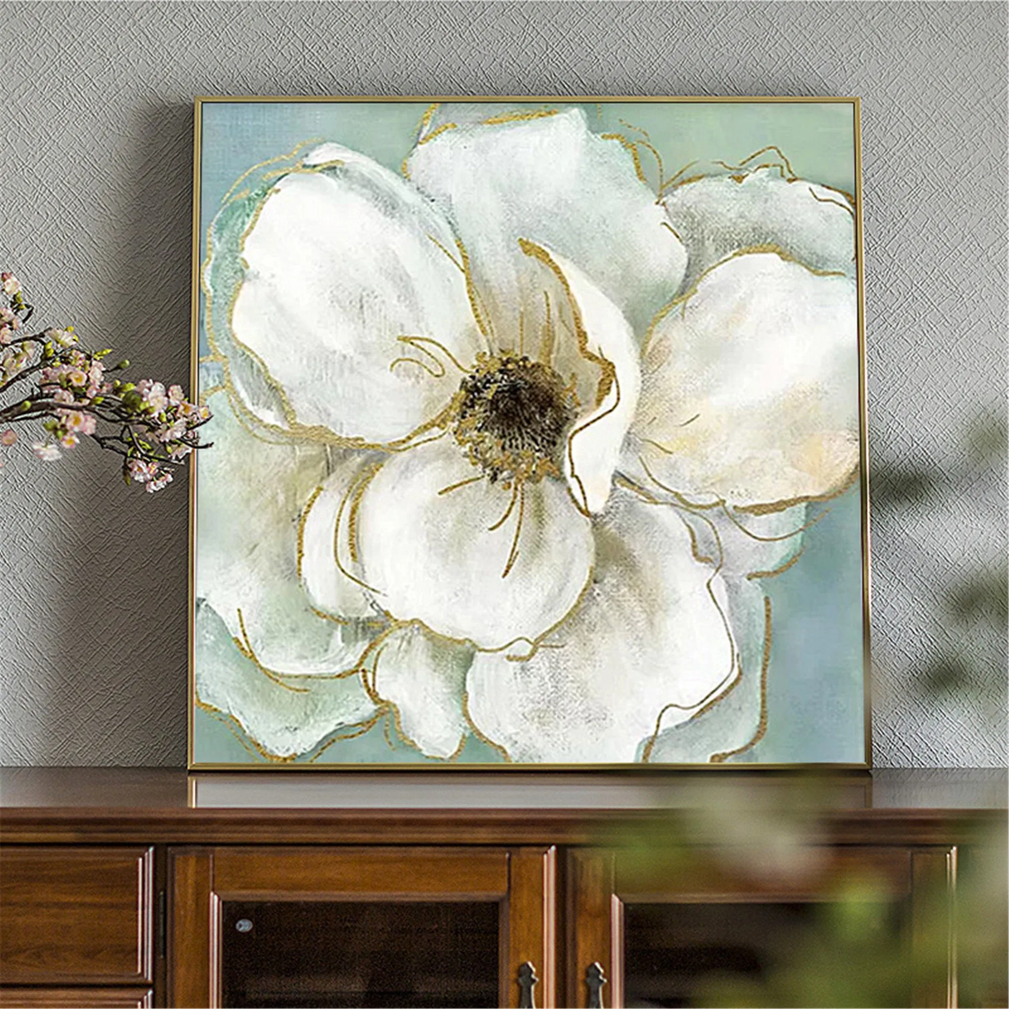 Abstract White Flower Painting Gold Leaf Canvas Art for Living Room Gp054