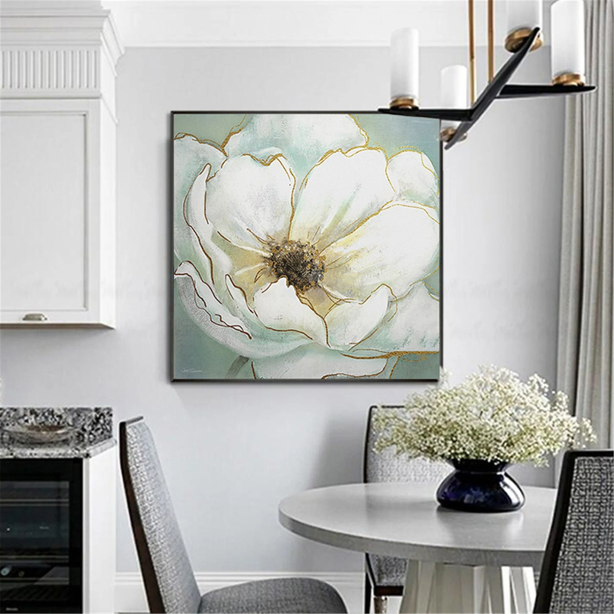 Abstract White Flower Painting Gold Leaf Canvas Art for Living Room Gp054