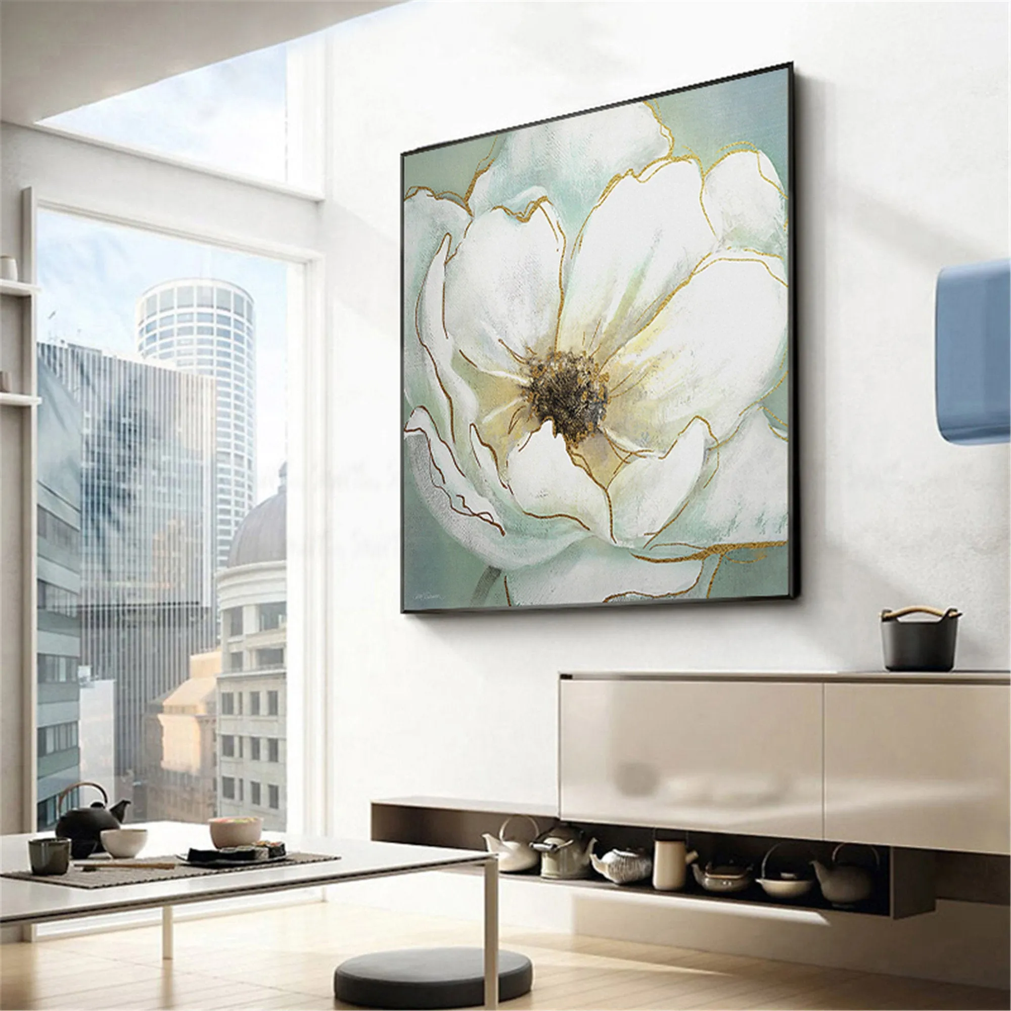 Abstract White Flower Painting Gold Leaf Canvas Art for Living Room Gp054