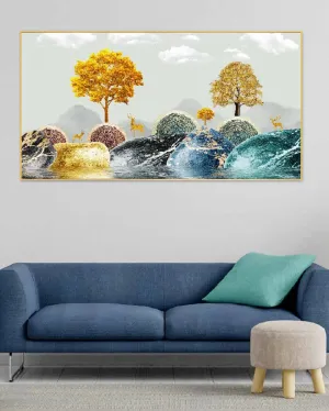 Arboreal Reverie Golden Trees Floating Framed Canvas Wall Painting | 24 x 12 inches , 36 x 18 inches & 48 x 24 inches
