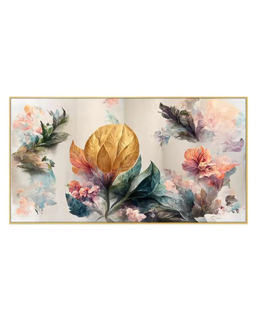 Art of Golden Flowers Canvas Frame Wall Painting | 24 x 12 inches , 36 x 18 inches & 48 x 24 inches