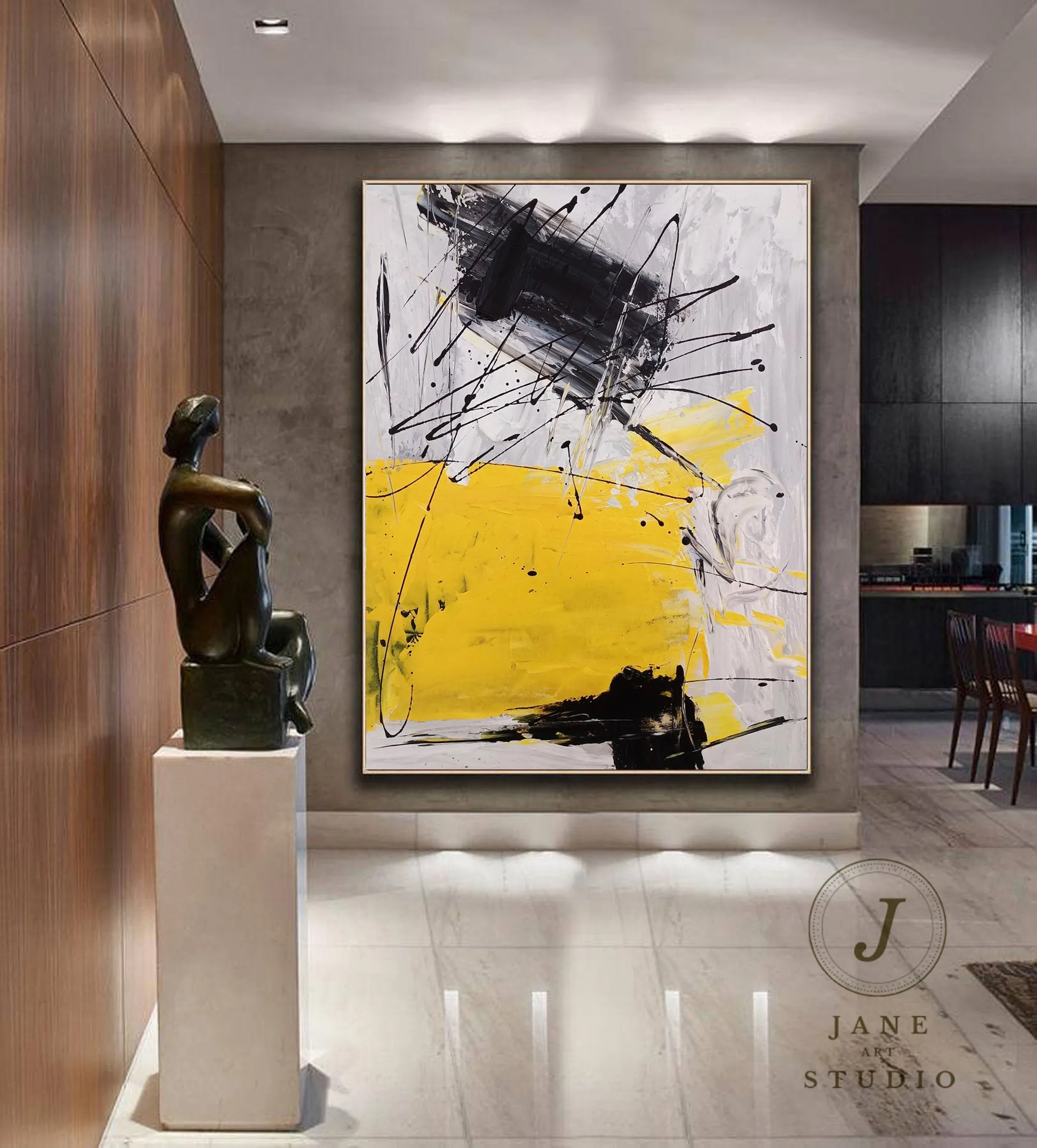 Black Gray Yellow Minimalist Abstract Painting Qp075