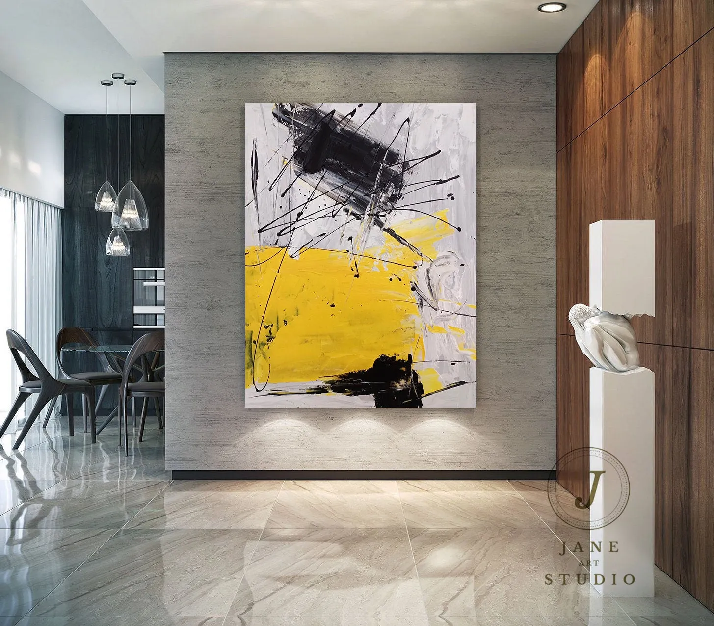 Black Gray Yellow Minimalist Abstract Painting Qp075