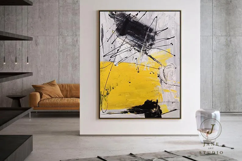 Black Gray Yellow Minimalist Abstract Painting Qp075
