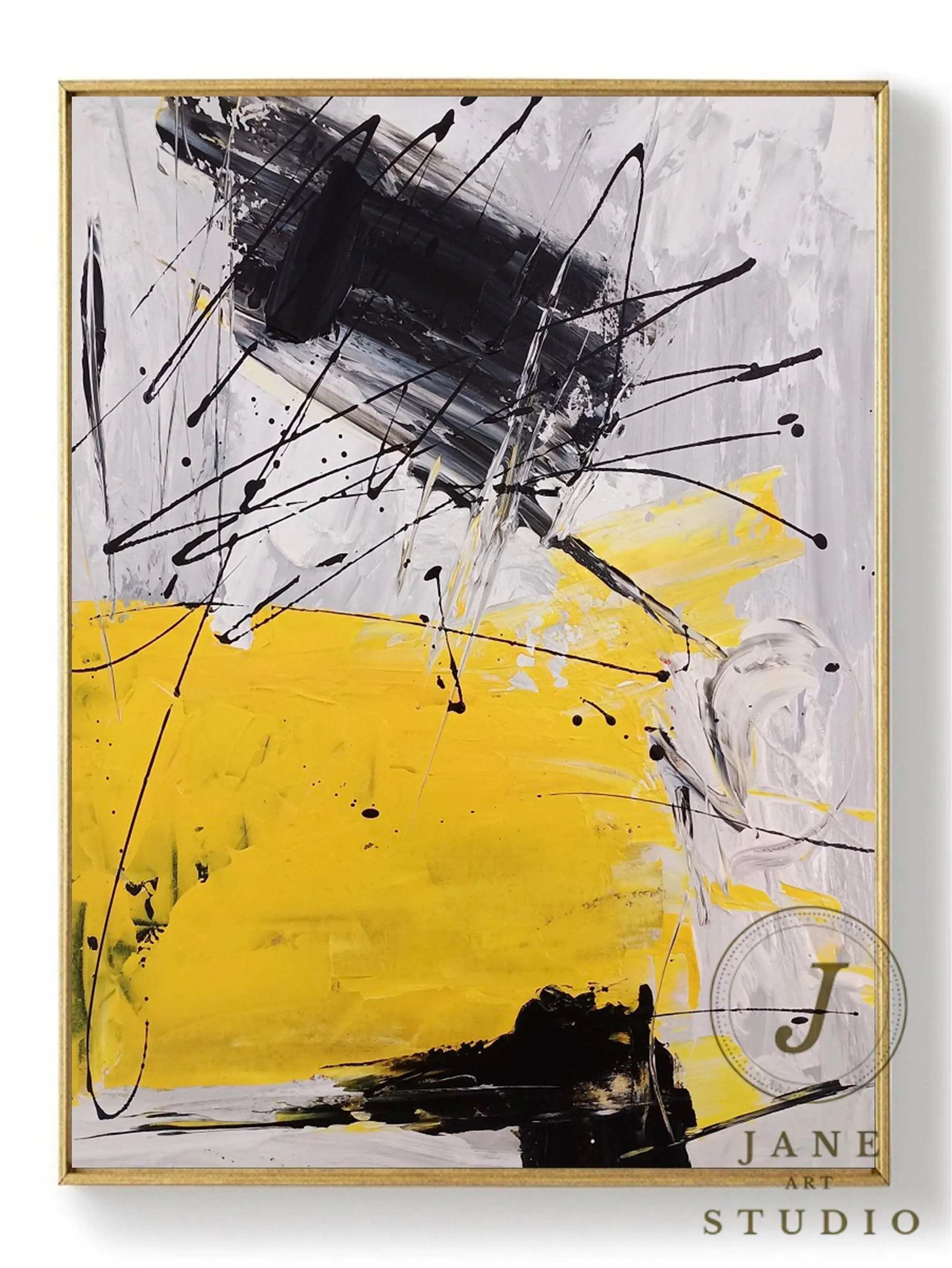 Black Gray Yellow Minimalist Abstract Painting Qp075