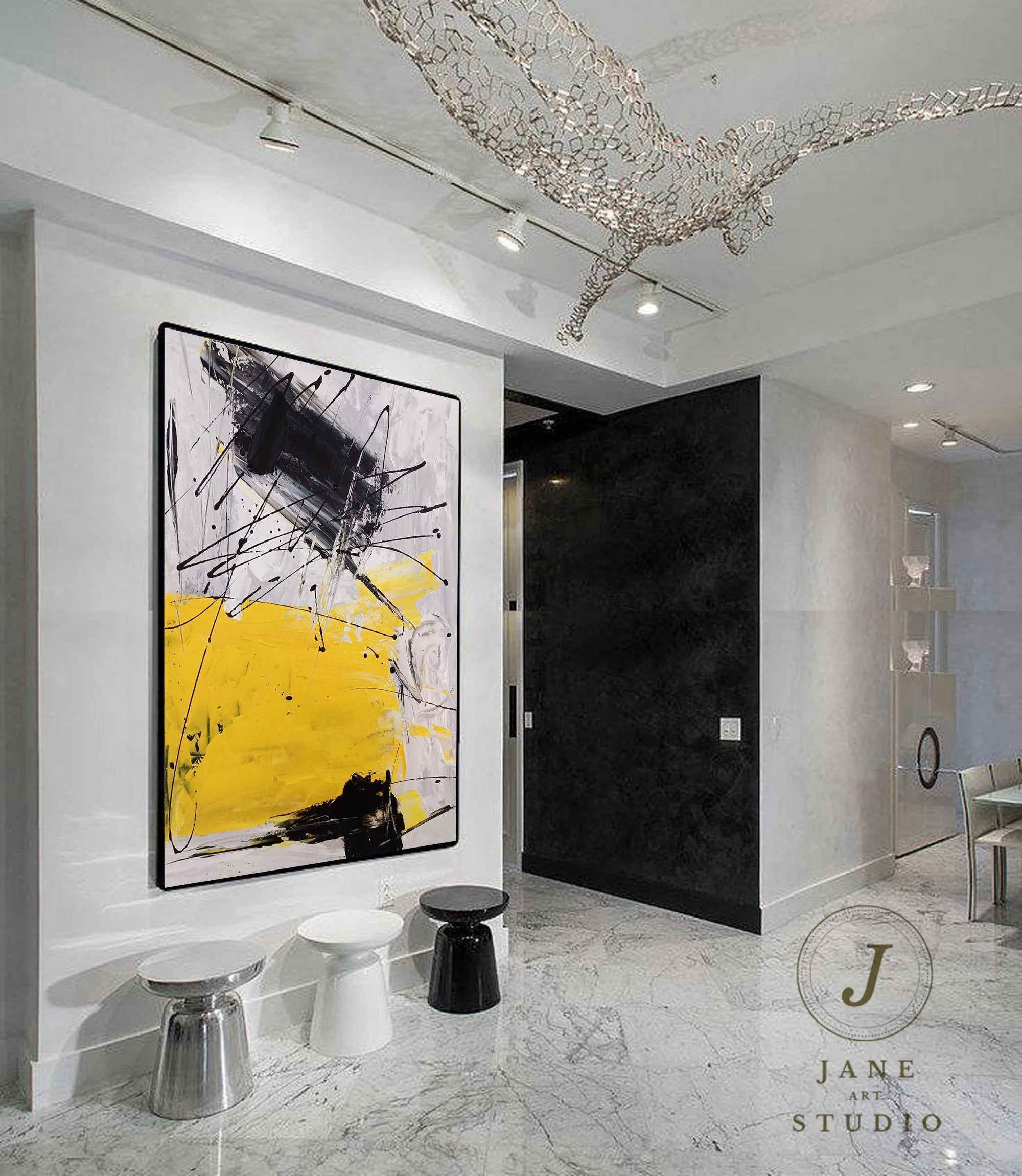 Black Gray Yellow Minimalist Abstract Painting Qp075