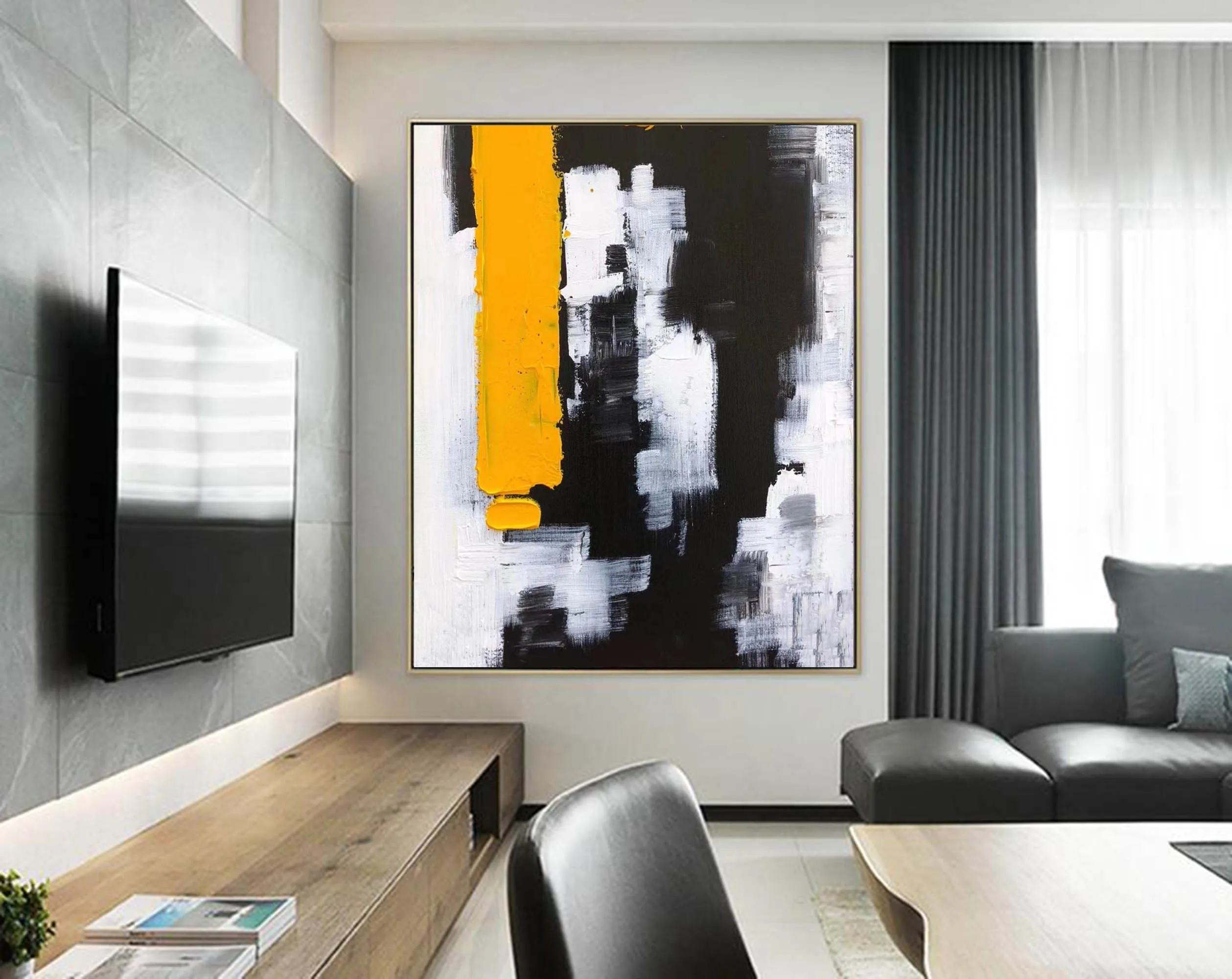 Black White Yellow Abstract Paintings on Canvas Oversized Abstract Art Cp004