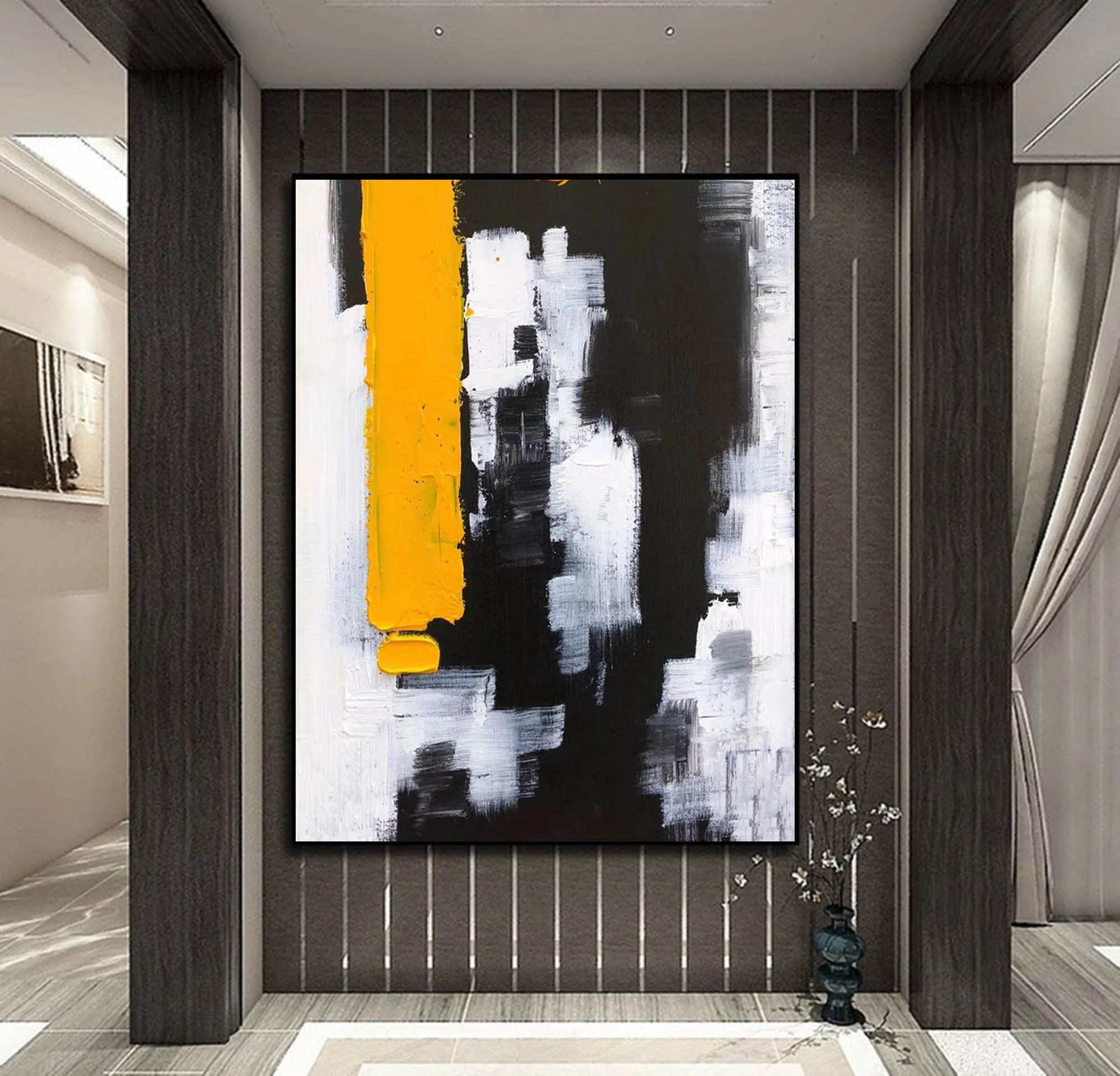 Black White Yellow Abstract Paintings on Canvas Oversized Abstract Art Cp004