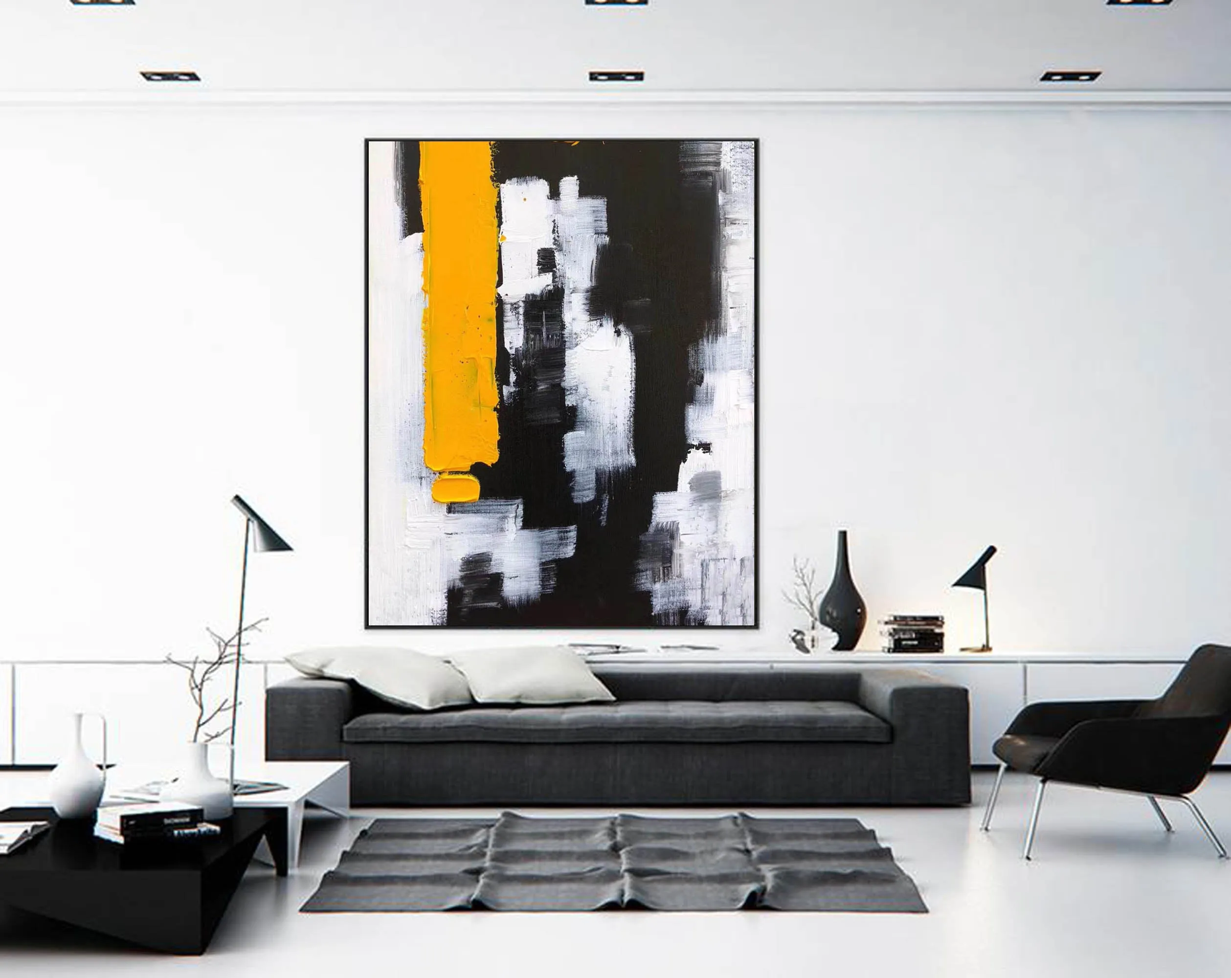 Black White Yellow Abstract Paintings on Canvas Oversized Abstract Art Cp004