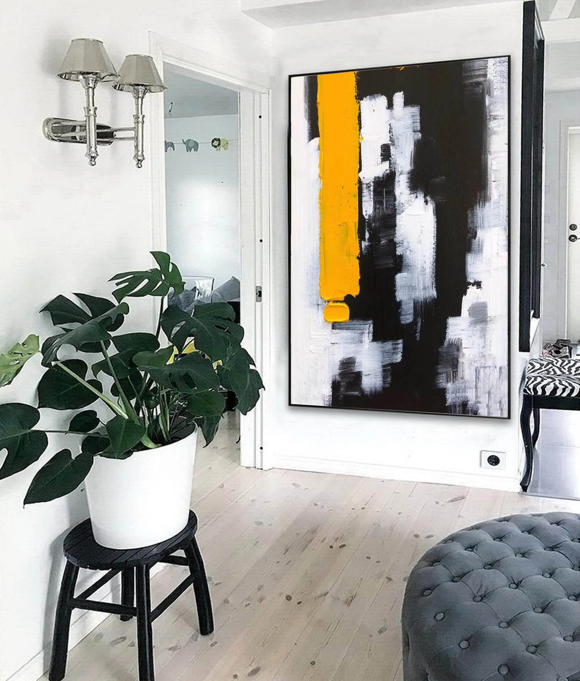 Black White Yellow Abstract Paintings on Canvas Oversized Abstract Art Cp004