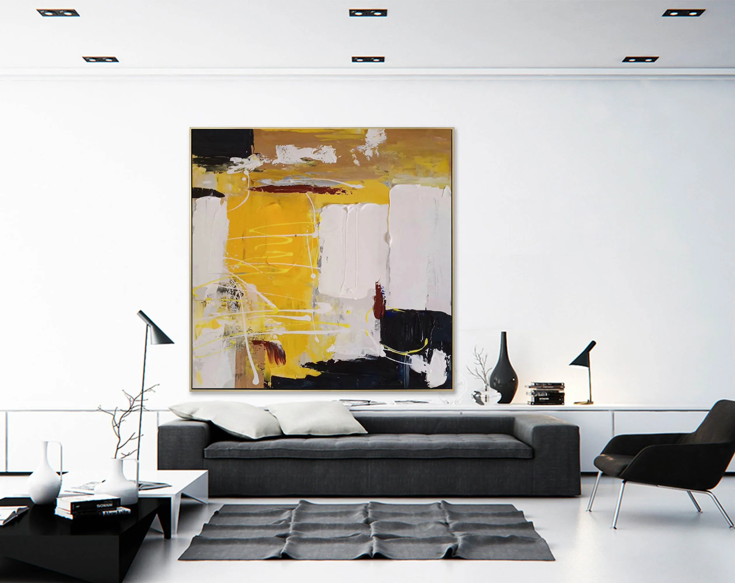 Black White Yellow Original Abstract Painting Minimalist Painting Np120