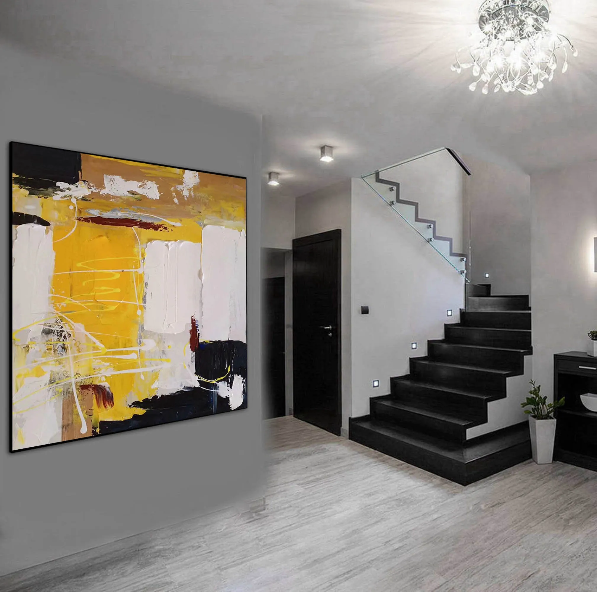 Black White Yellow Original Abstract Painting Minimalist Painting Np120