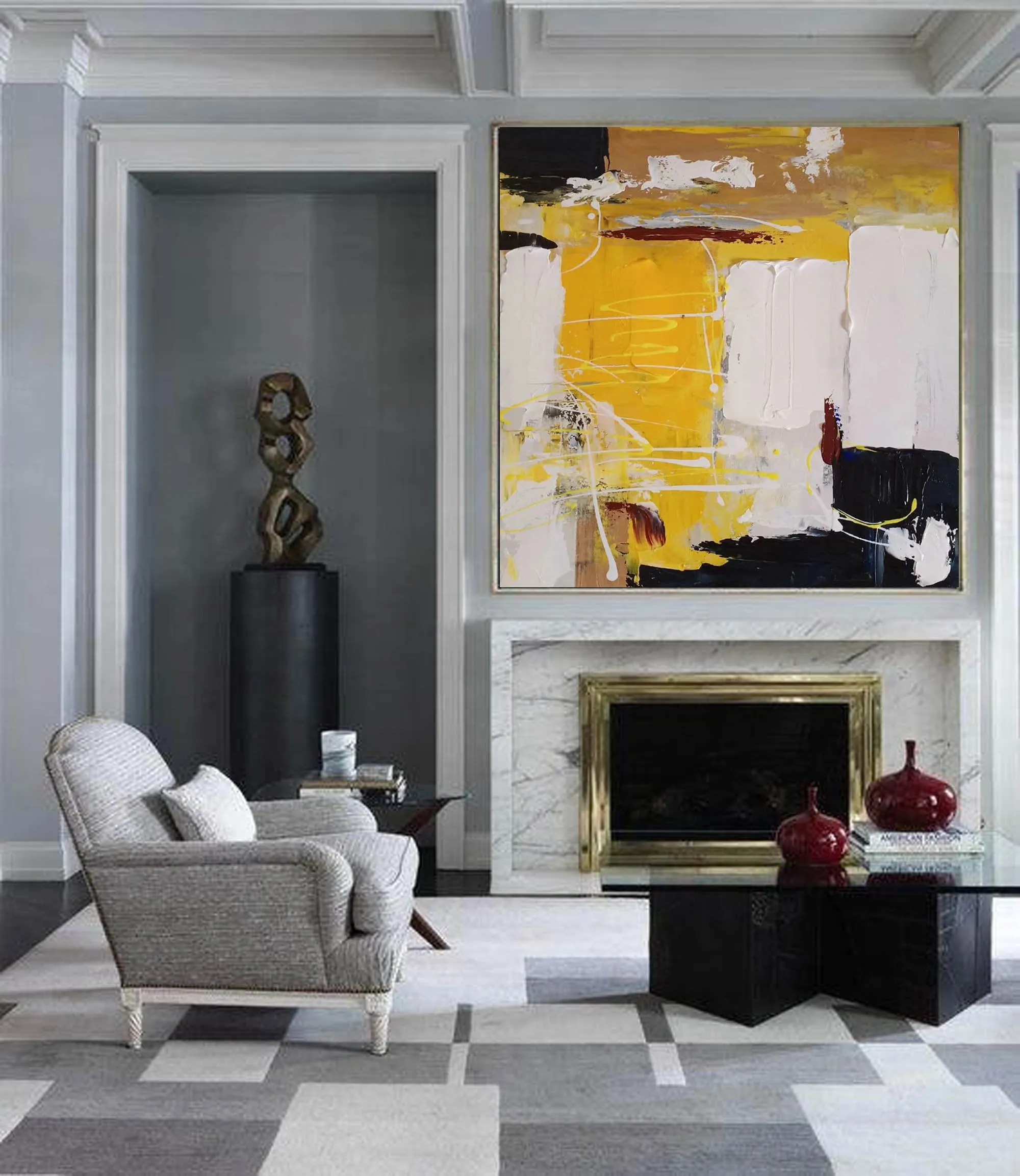 Black White Yellow Original Abstract Painting Minimalist Painting Np120
