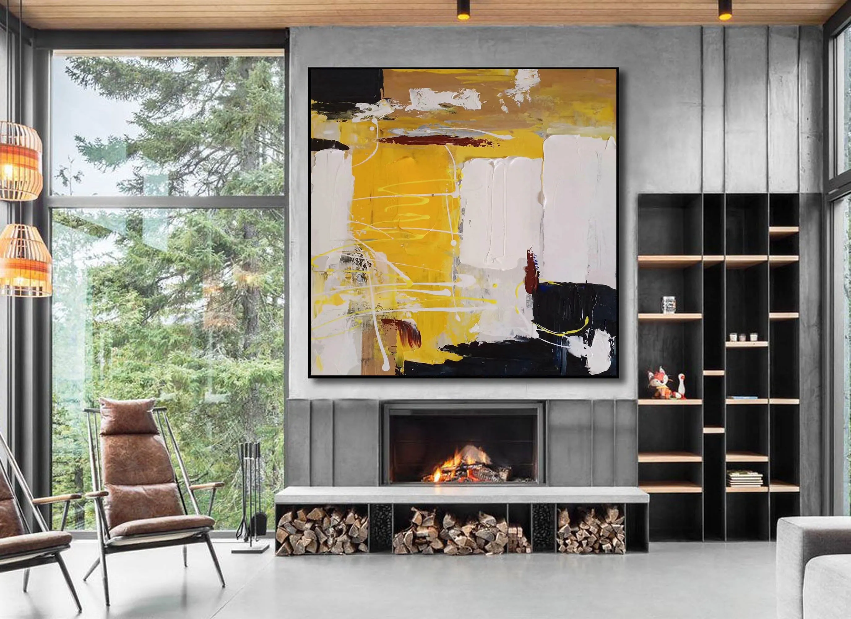 Black White Yellow Original Abstract Painting Minimalist Painting Np120