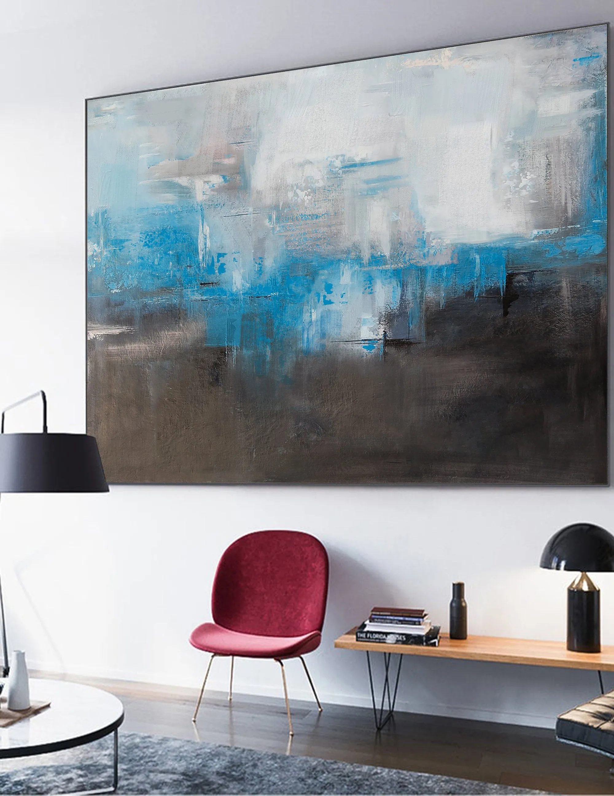 Blue And Gray Abstract Painting Black White Canvas Art Dp088
