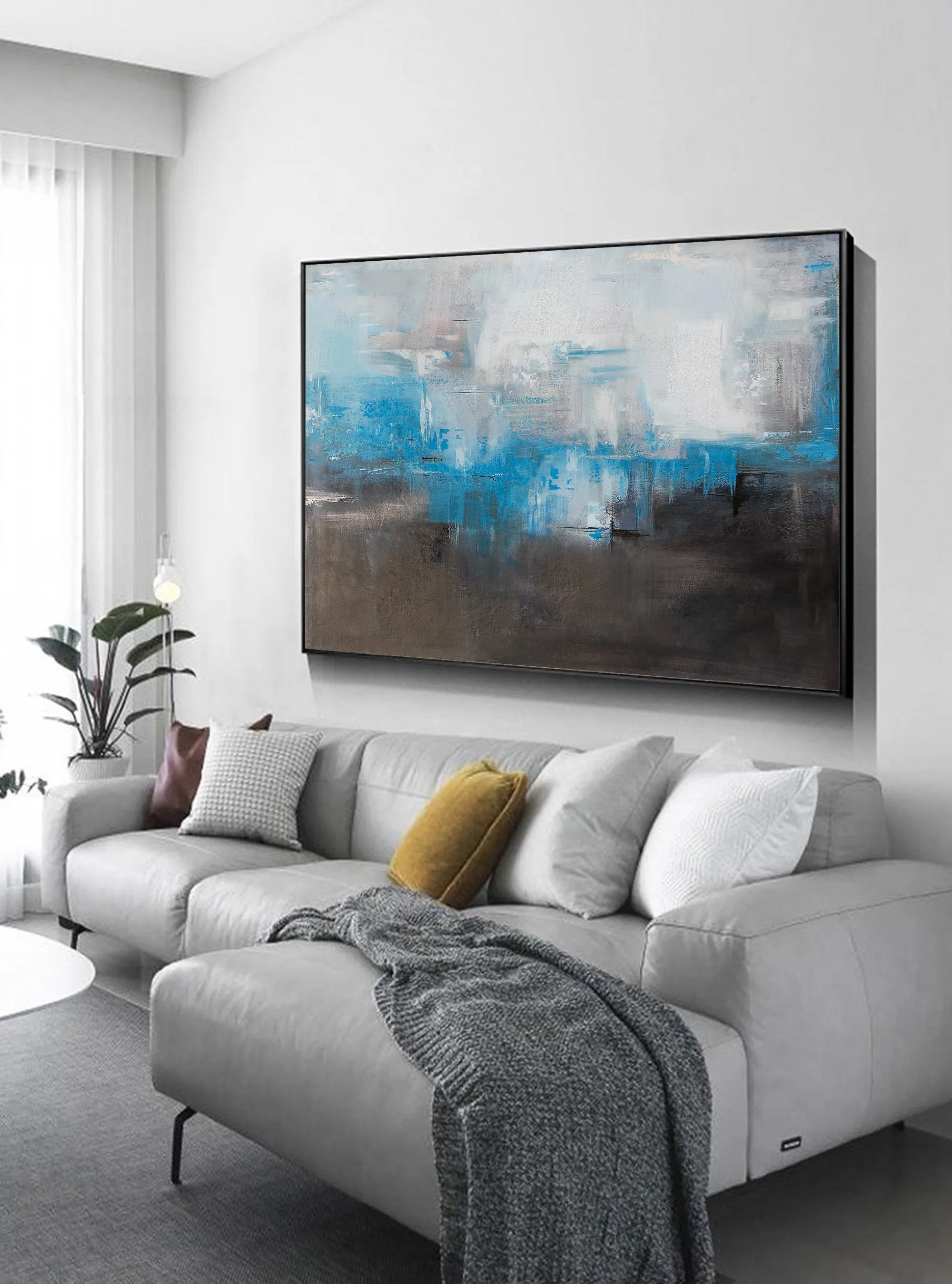 Blue And Gray Abstract Painting Black White Canvas Art Dp088