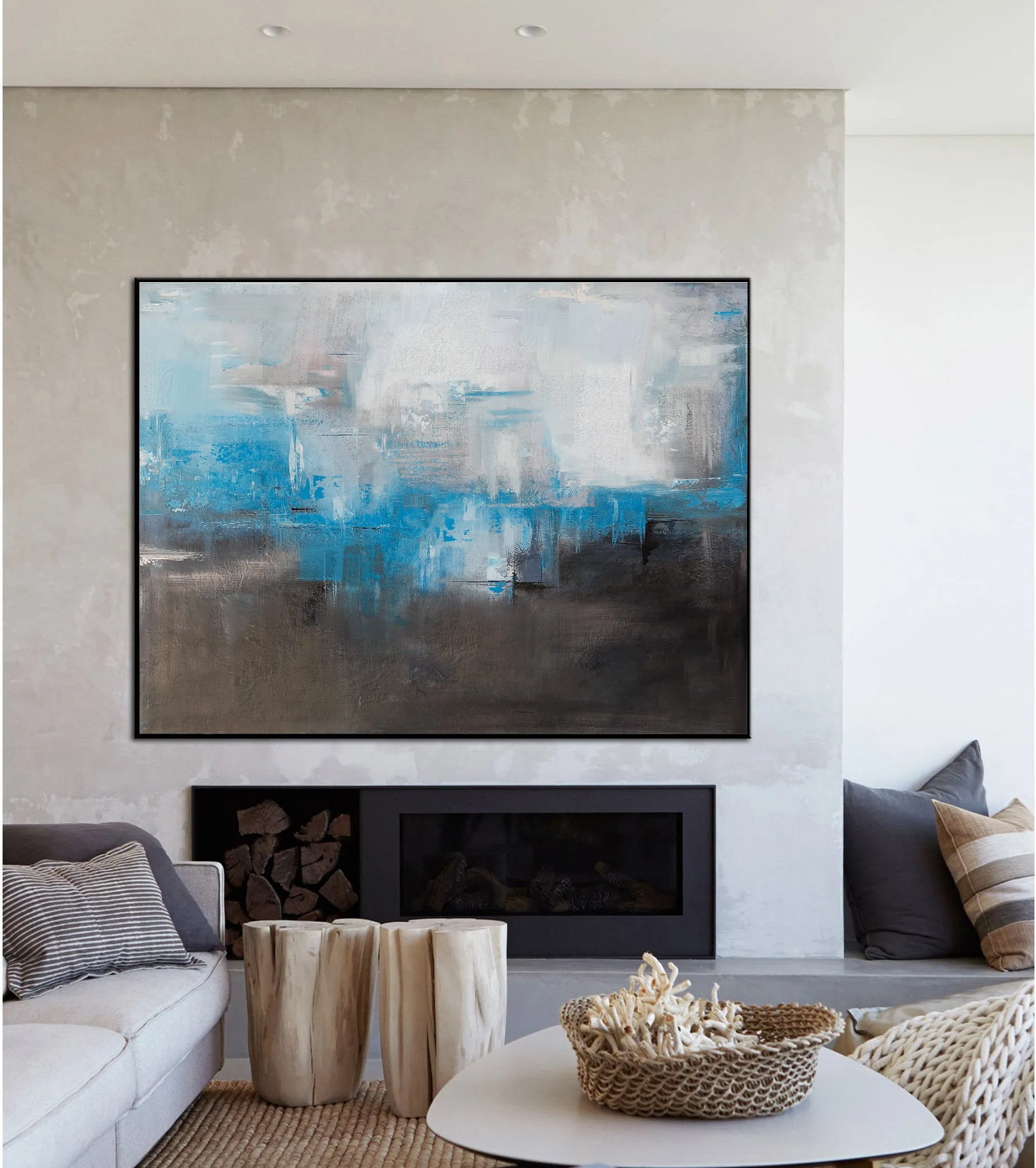 Blue And Gray Abstract Painting Black White Canvas Art Dp088