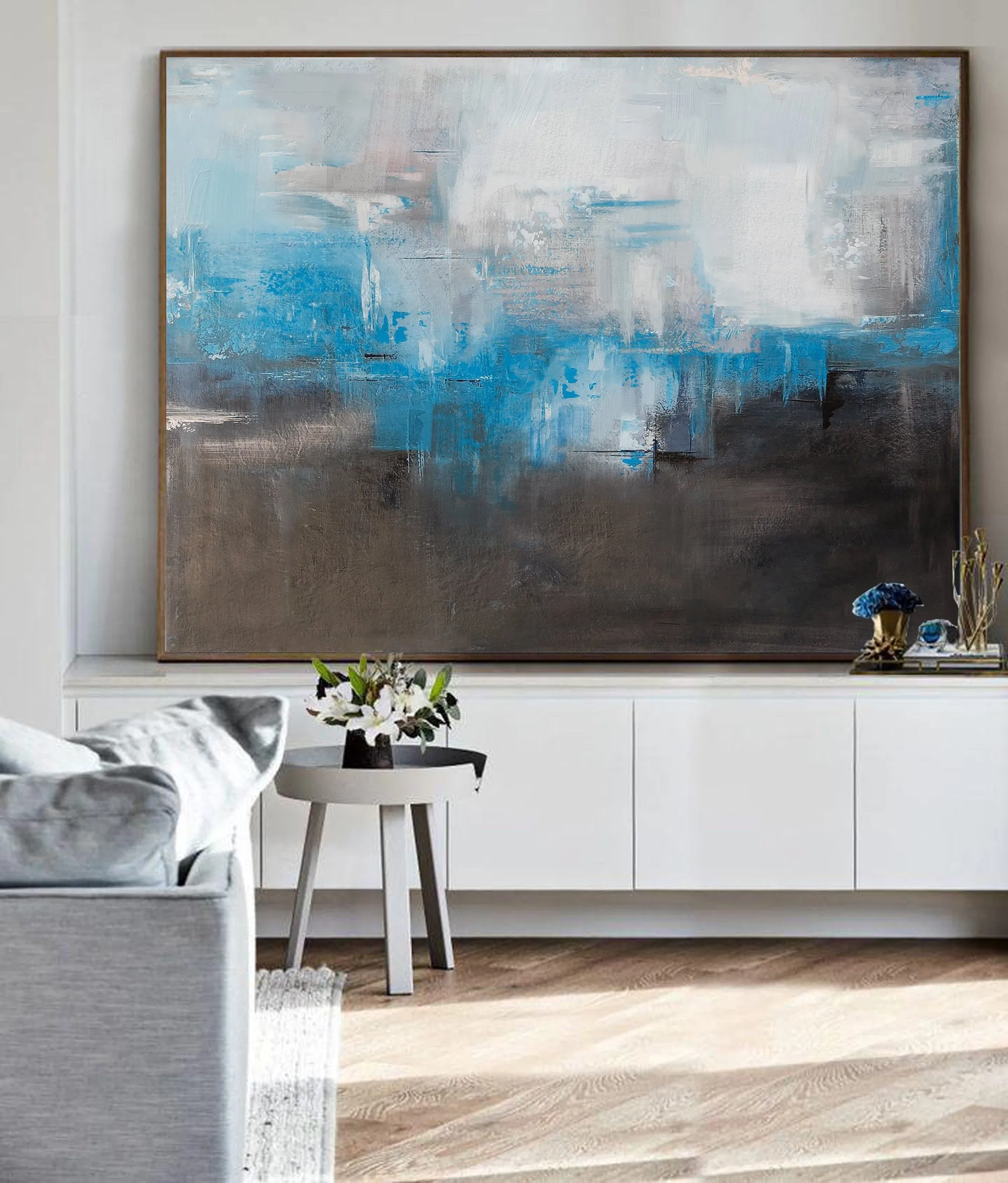 Blue And Gray Abstract Painting Black White Canvas Art Dp088