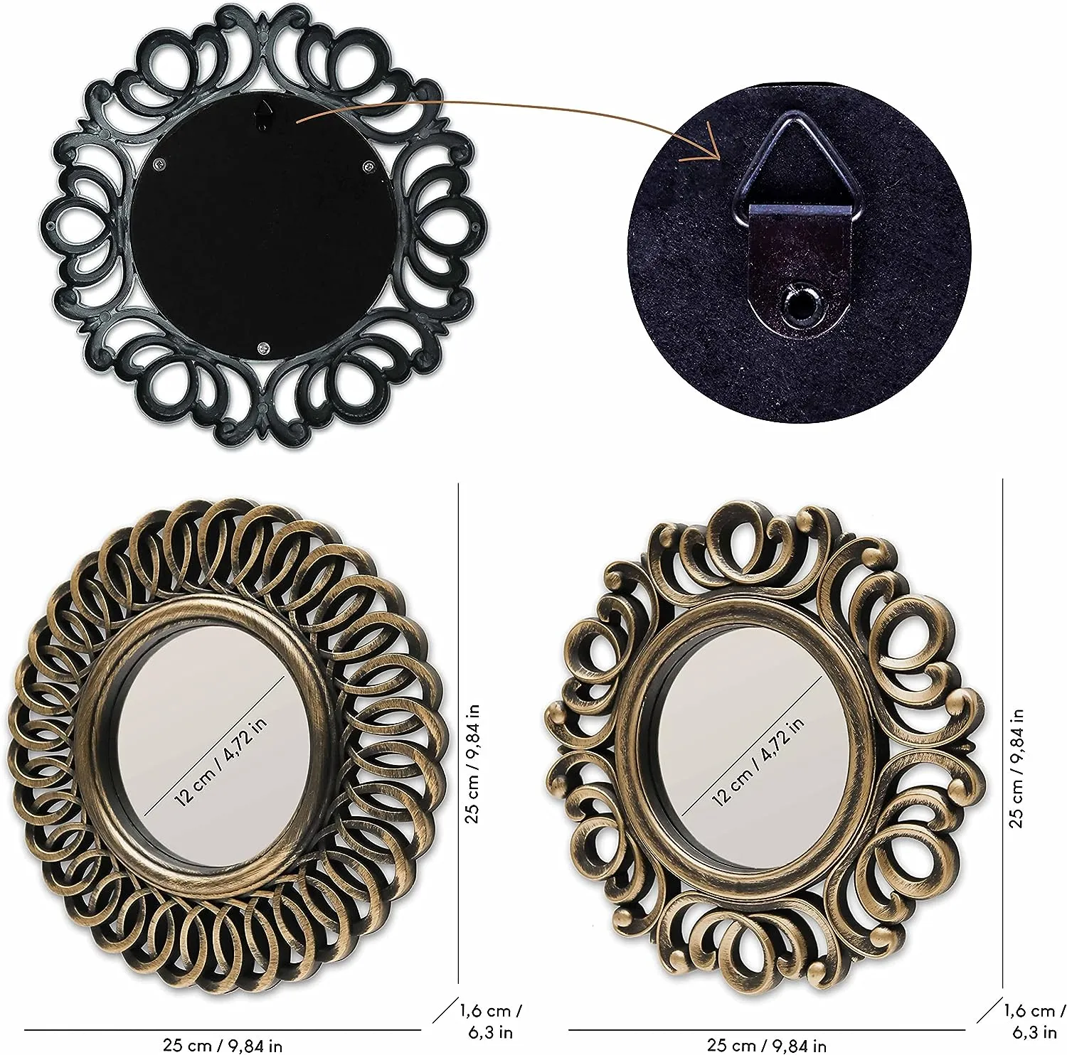 Pack of 3 Gold Vintage Mirrors for Living Room